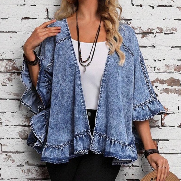 Boho Denim Open Front Ruffle Detail Light Jacket Coat - Picture 2 of 5